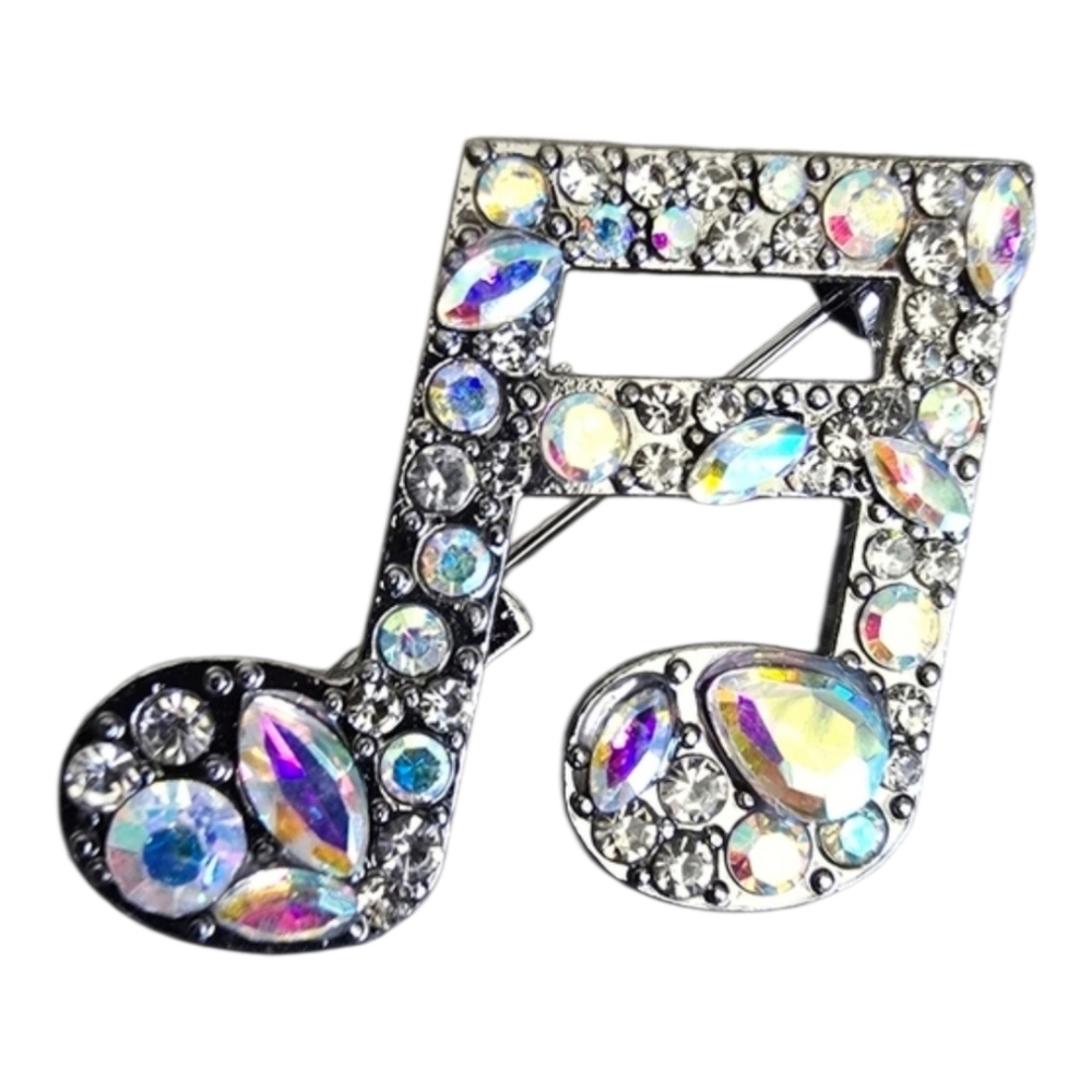 Silver Iridescent Rhinestone Crystal Music Beam Note Brooch Pin Glam Bling Choir